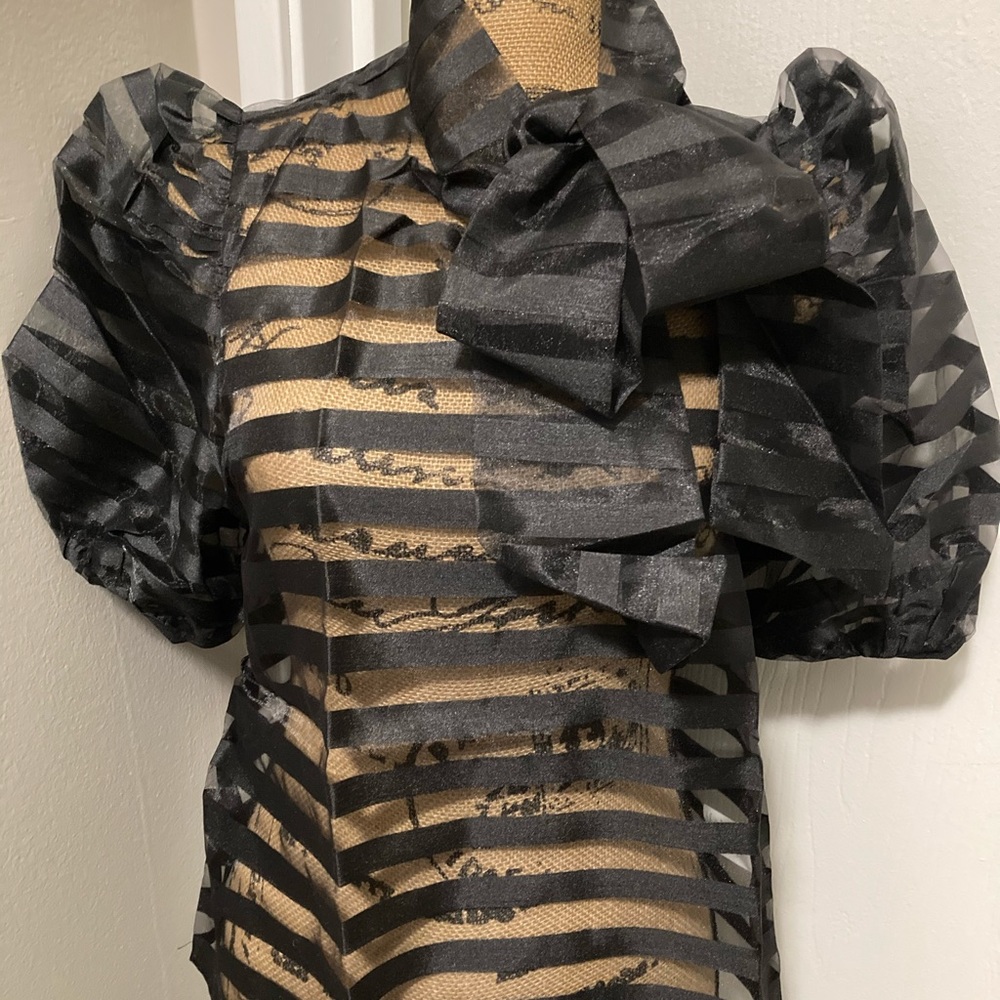 Black Striped Mesh Blouse w/Bow and Puff Sleeves